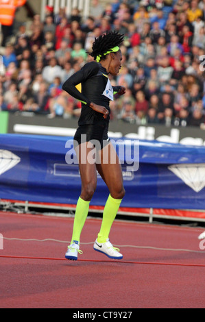 Chaunte Lowe (USA) festeggia dopo aver vinto il womens Salto in alto al AVIVA 2012 Londra Grand Prix al Crystal Palace di Londra, Foto Stock