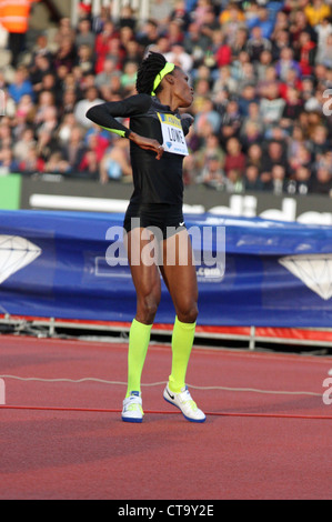 Chaunte Lowe (USA) festeggia dopo aver vinto il womens Salto in alto al AVIVA 2012 Londra Grand Prix al Crystal Palace di Londra, Foto Stock