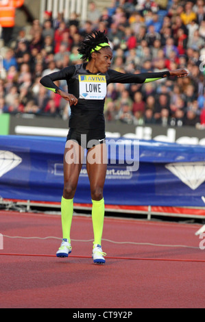 Chaunte Lowe (USA) festeggia dopo aver vinto il womens Salto in alto al AVIVA 2012 Londra Grand Prix al Crystal Palace di Londra, Foto Stock