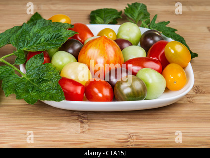 Colorate pomodori ciliegia sulla piastra bianca con pianta verde i gambi e le foglie sul legno di bambù Foto Stock