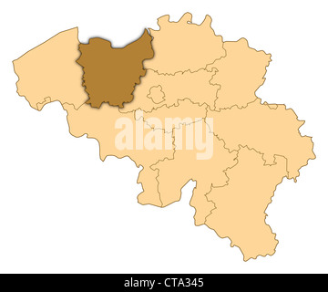 Mappa del Belgio dove Fiandra orientale è evidenziata. Foto Stock