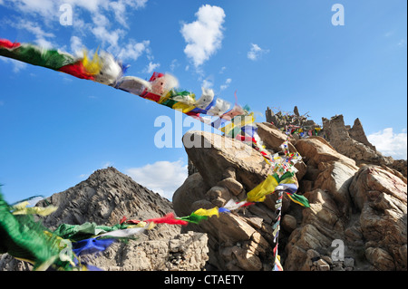Bandiere di preghiera, monastero di Shey, Leh, valle di Indus, Ladakh, Jammu e Kashmir India Foto Stock