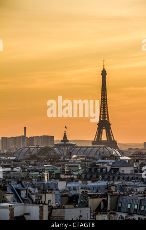 La torre Eiffel e il Grand Palais dai tetti di Parigi Foto Stock
