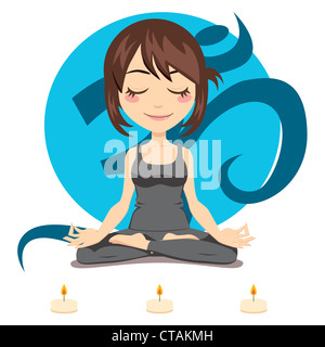 Carino brunette donna fare yoga lotus posizione con tre candele in parte anteriore Foto Stock