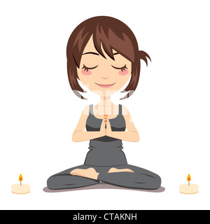 Carino brunette donna fare yoga posizione del loto con due candele sul lato Foto Stock