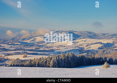 Vista su un giorno inverni da Breitnau-Fahrenberg verso Kandel mountain e San Pietro, Foresta Nera, Baden-Wuerttemberg, Germania, Foto Stock