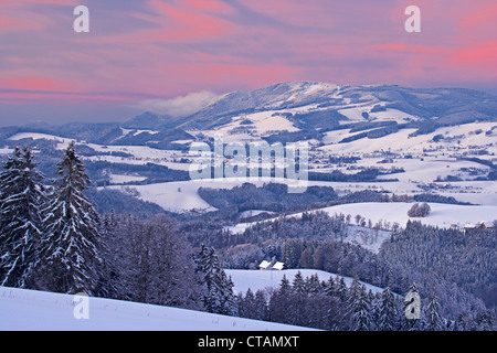 Vista su una serata inverni da Breitnau-Fahrenberg verso Kandel mountain e San Pietro, Foresta Nera, Baden-Wuerttemberg, Germa Foto Stock