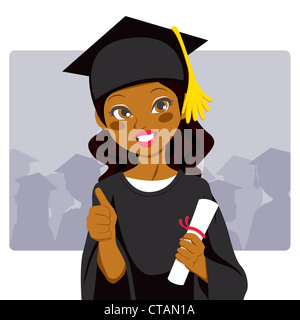 Africa bella donna americana celebra il giorno di graduazione diploma tenuta in mano e facendo pollice in alto segno Foto Stock