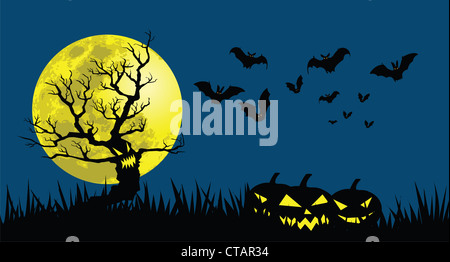 Le illustrazioni per il tema di Halloween, male tree, lanterne di zucca e pipistrelli Foto Stock