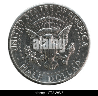 Macro vista frontale della eagle su un usa un dollaro moneta isolata contro bianco Foto Stock