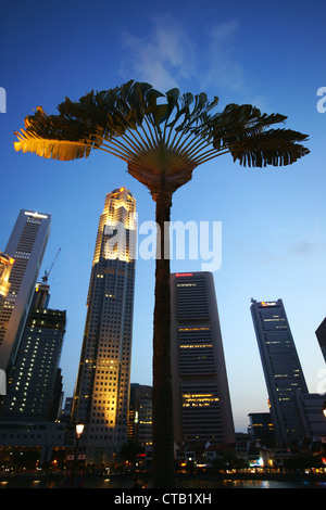 Palm tree nella parte anteriore dello skyline di Singapore in serata, il fiume Singapore, Singapore, Asia Foto Stock