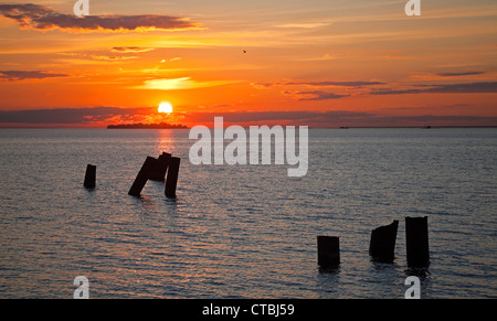 Parti della rottura di un molo sul mare al tramonto. Foto Stock