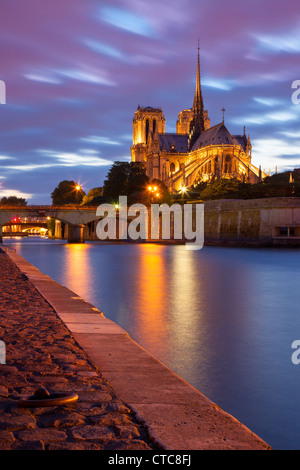 Twilight sulla Cattedrale di Notre Dame e il Fiume Senna, Parigi Francia Foto Stock