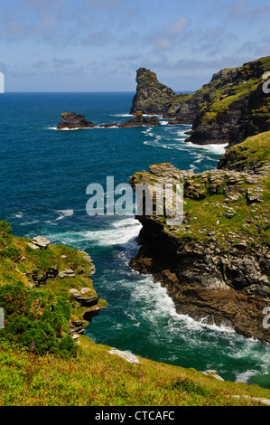 Rocce di sella e Long Island North Cornwall Coast Inghilterra UK, mostrando Trambley Cove Trewerthet Gut e Darvis del punto Foto Stock