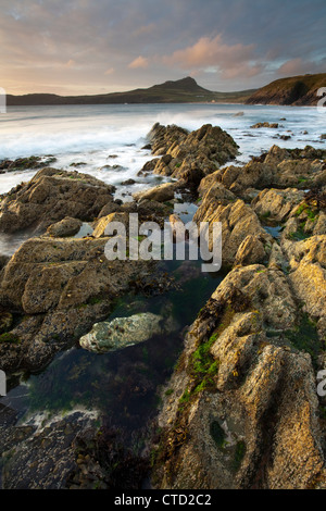 Tramonto su rocce sulla spiaggia Porthselau guardando verso St David's Head, Pembrokeshire, Galles Foto Stock