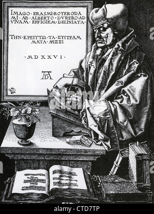 Desiderio ERASMUS (c) 1466-1536 olandese umanista rinascimentale in una xilografia di Albrecht Dürer Foto Stock