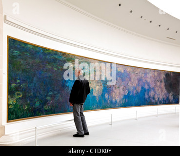 L'uomo la visualizzazione di 'Nympheas' (Claude le ninfee di Monet murales) al Musee de l'Orangeries a Parigi. Foto Stock