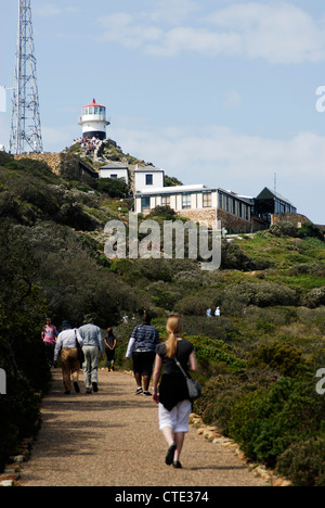 Cape Point, la punta estrema del continente africano della Penisola del Capo, in Sud Africa. I turisti fanno la loro strada fino al faro Foto Stock