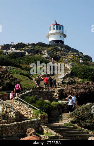 Cape Point, la punta estrema del continente africano, Penisola del Capo Sud Africa. I turisti fanno la loro strada fino al faro Foto Stock