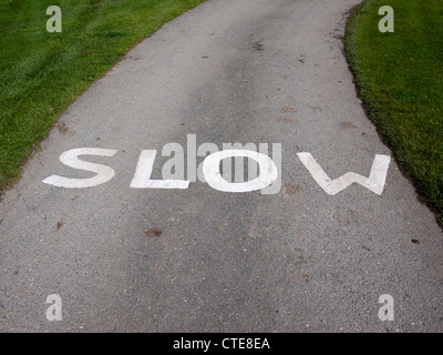 Segno lento dipinta su strada asfaltata Foto Stock