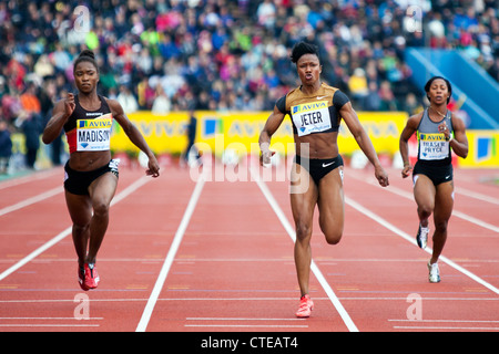 Carmelita JETER, Tianna MADISON, FRASER-PRYCE Shelly-Ann, Donne 100m Finale, AVIVA London atletica Grand Prix 2012 Foto Stock