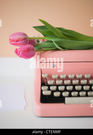 Macchina da scrivere rosa e tulipani Foto Stock