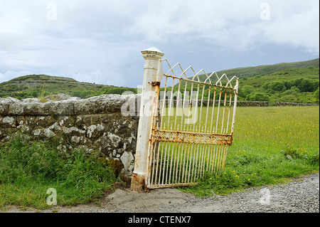 Cancello arrugginito alla vecchia casa parrocchiale, Co Clare, Irlanda Foto Stock