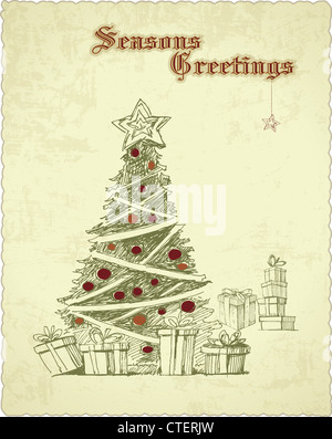 Disegnata a mano vintage albero di natale stagioni della scheda Messaggi di saluto Foto Stock