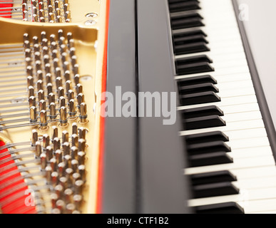 Interni dettagliati di un pianoforte che mostra le stringhe, pioli, scheda audio con focus sulla parte di immagine e le chiavi Foto Stock