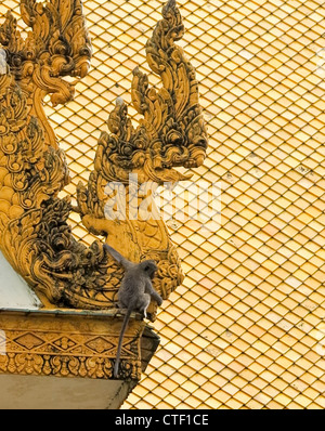 Dettagli del tetto sul Palazzo Reale di Phnom Penh Cambogia con la scimmia arrampicata sulla statua Foto Stock