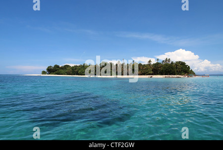 Incontaminata isola tropicale con vegetazione lussureggiante e tour in barca atterrato sulla spiaggia e il mare dei Caraibi, Panama America Centrale Foto Stock