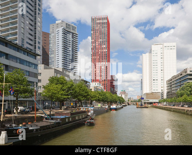 Alto ufficio blocchi e mela rossa appartamenti residenziali da Scheepmakers Haven, Rotterdam, Paesi Bassi Foto Stock