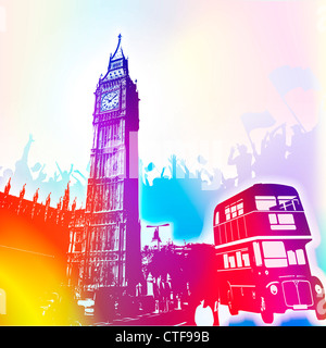 Sfondo colorato di Big Ben e London bus Foto Stock