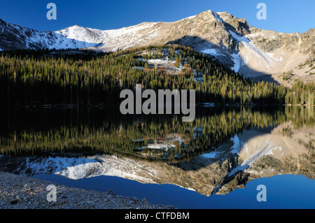 Riflessi di alberi in Idaho Mill Lago forma forma strana Foto Stock