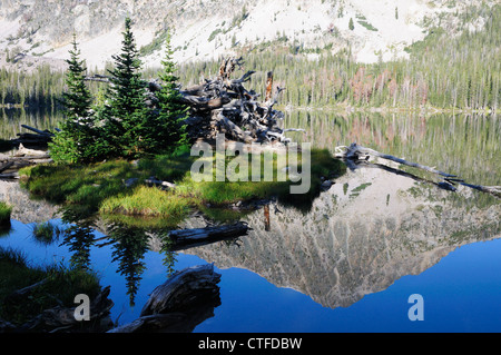 Getti di picco di riflessione sul lago del mulino in mezzo alla gamma Lemhi. Foto Stock