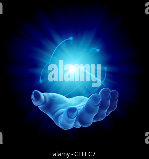Potere misterioso - Aprire Palm con una luce incandescente Foto Stock