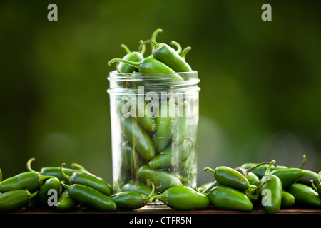 Jalapeño peperoni in e intorno a un bicchiere di canning jar Foto Stock