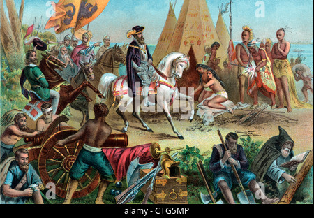 1500s esploratore spagnolo Hernando De Soto alla scoperta del fiume Mississippi 1541 nativi americani in incisione TEPEES Foto Stock