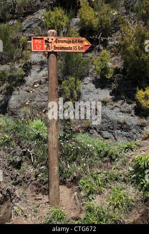 Escursionismo signpost PR a trail Paul da Serra sull isola di Madeira, Portogallo, Europa. Foto di Willy Matheisl Foto Stock