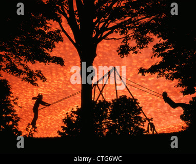 Anni Settanta immagine composita silhouette di bambini che giocano su oscillante SWING impostato dal grande albero al tramonto Foto Stock