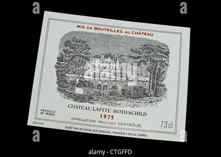 Chateau Lafite-Rothschild 1975 bene raro lusso costoso vino rosso Etichetta flacone Pauillac Medoc Gironda Bordeaux Francia Foto Stock