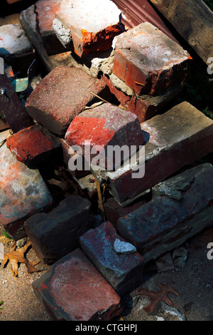 Mattoni, alcuni rotto in metà, in una pila. Foto Stock