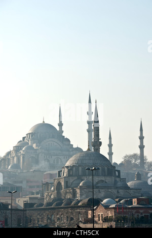 Vista la Yeni e moschee Suleymaniye dal ponte Galata, Istanbul, Turchia Foto Stock