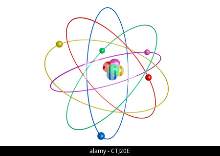 3d computer illustrazione, digital design di un atomo con il suo nucleo e gli elettroni ellitticamente rotante su sfondo bianco Foto Stock