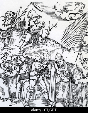 Il tedesco di contadini o di guerra rivolta 1524-1526. Xilografia contemporanea che mostra i contadini di attaccare il clero a fondo e proprietario terriero in alto Foto Stock