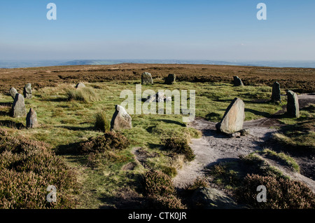 Antico cerchio di pietra su Rombalds moor vicino a Ilkley Foto Stock