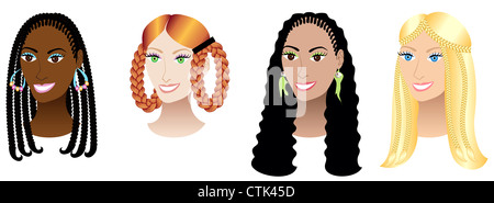 Illustrazione Vettoriale set di quattro donne con trecce trecce cornrows o. Foto Stock