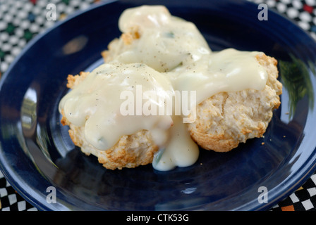 In casa drop-biscotti ricoperta in stile country-latte con sugo di carne e pepe. Lacto-ovo vegetariano. Foto Stock