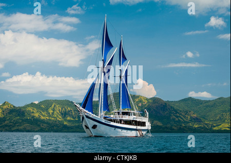 Un 108 piedi in legno tradizionali Phinisi schooner, 'l'Ombak Putih', qui a vela nel Parco Nazionale di Komodo in Indonesia orientale. Foto Stock