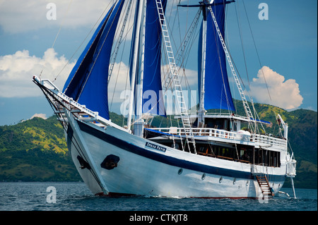 Un 108 piedi in legno tradizionali Phinisi schooner, 'l'Ombak Putih', qui a vela nel Parco Nazionale di Komodo in Indonesia orientale. Foto Stock